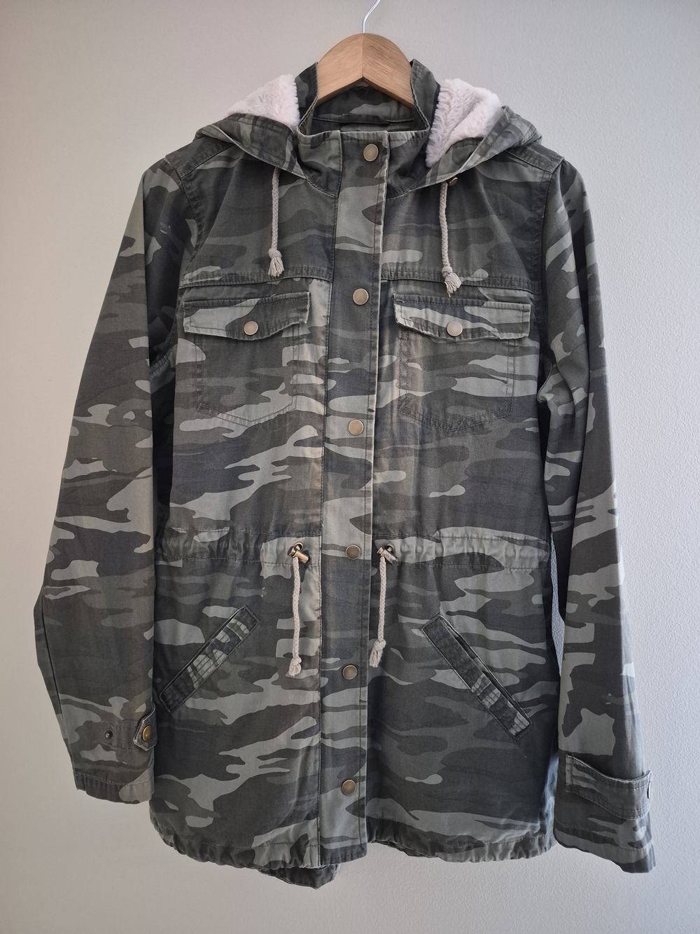 Kismet Olive Green Camo Hooded Anorak Jacket with Faux Shearling Lining